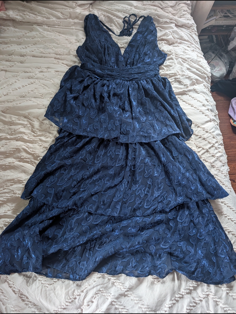 Lulu's Tiered Ruffle Navy Dress With Sleeveless And Halter Cut, Size Large